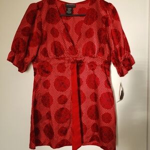 Hot Tempered Y2K Red & Black V- Neck Short Sleeves Waist Tie Top Size XL  NWT